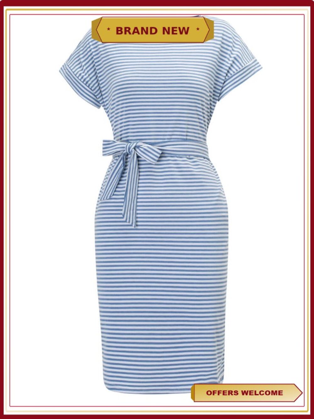 Striped T Shirt Dress Casual Midi Sundress with Pockets - Picture 2 of 6